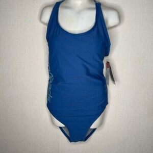 NWT Speedo One Piece Swimsuit Women Size 10 Thin Strap High Cut Bright Blue